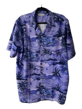Hawaiian Vacation Shirt Purple Sunset Palms Tropical Aloha Resortwear XL EUC